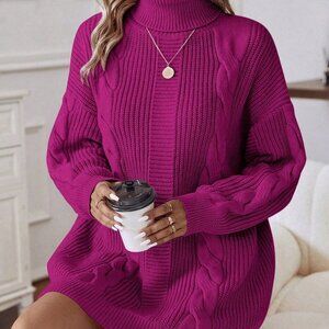 Hot Pink Casual Women's Turtleneck Cable Knit Sweater Dress